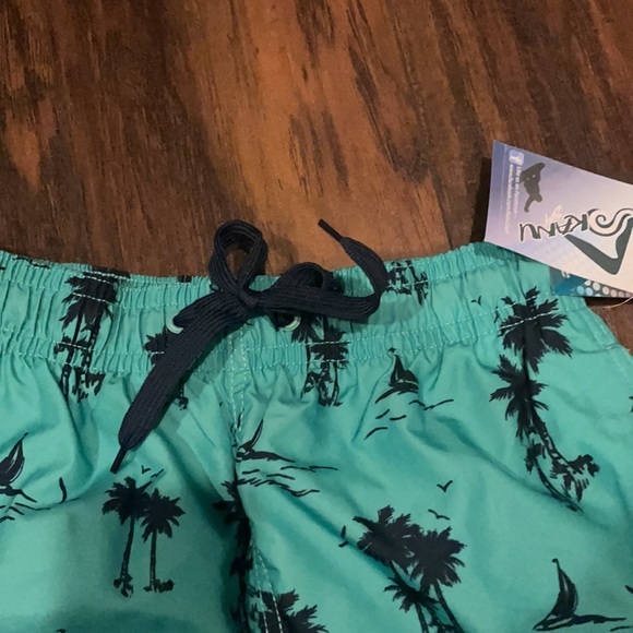 MENS GREEN PRINTED SWIM SHORTS LINED W/DRAWSTRING - Picture 4 of 8